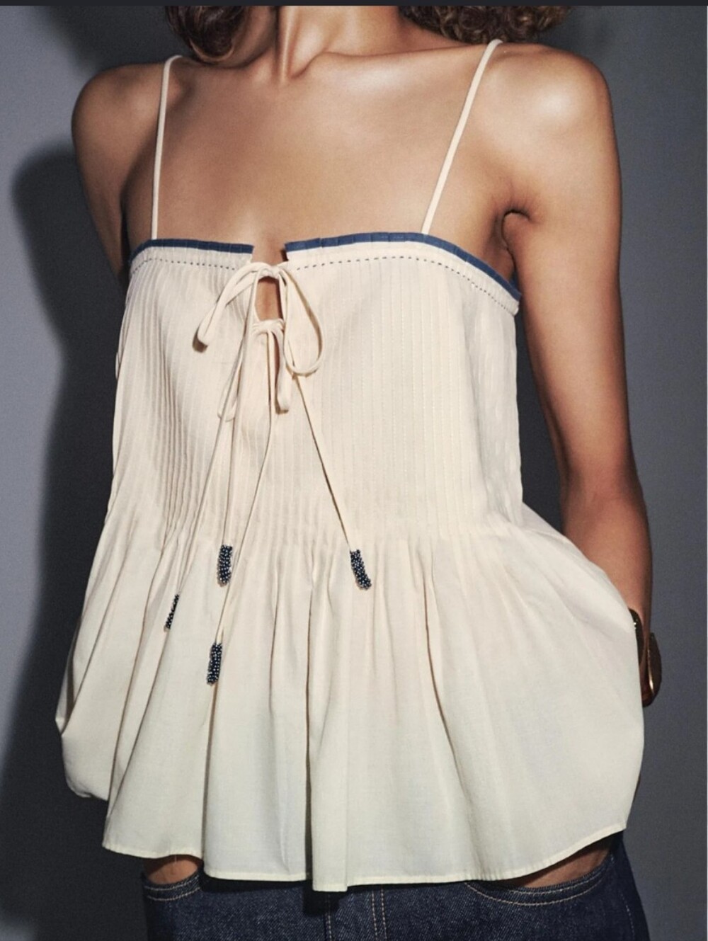 Zara Off-White Pleated Tie-Front Cami with Navy Trim
